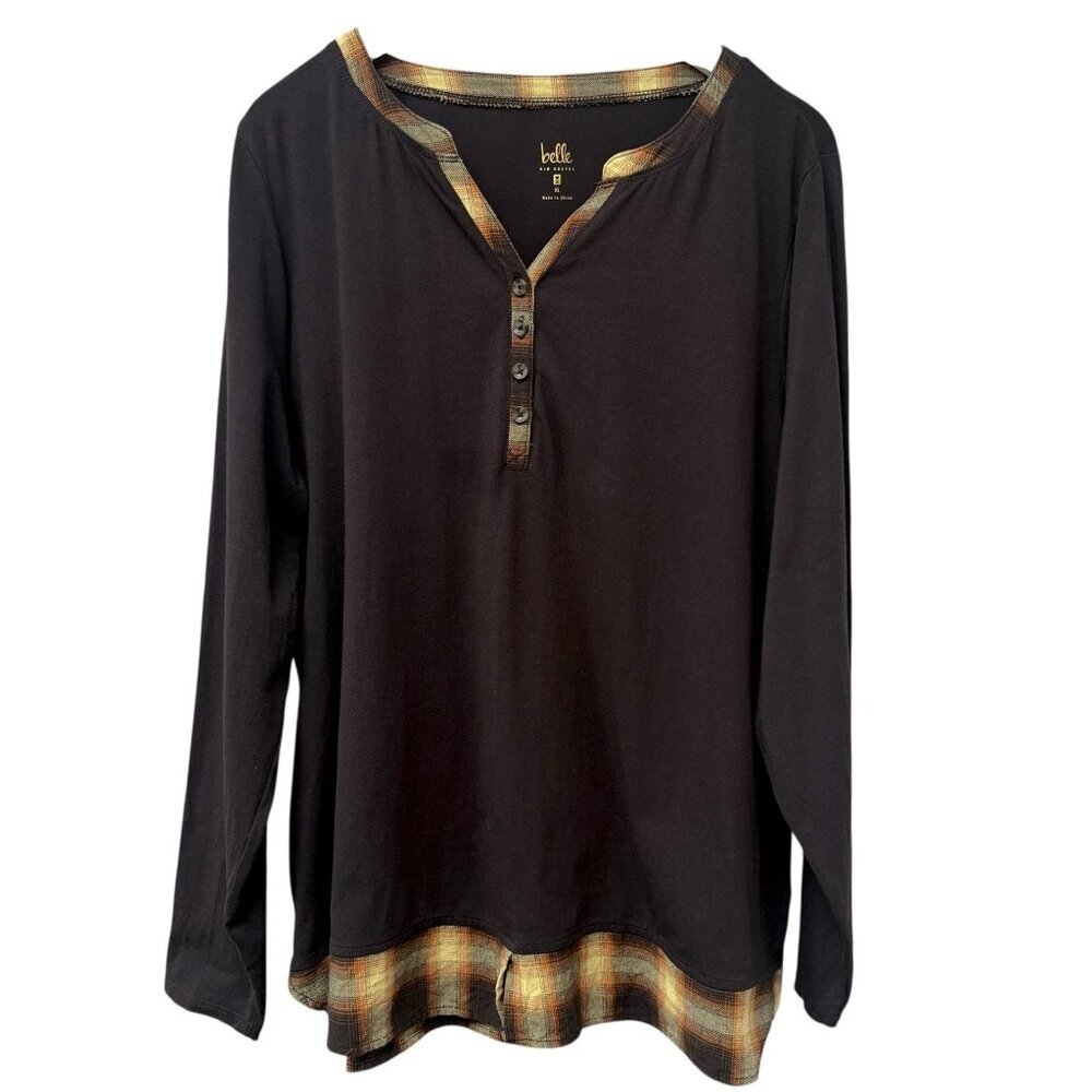 Belle by Kim Gravel Brown Henley Tee XL Long Sleeve Cotton Modal Blend Womens